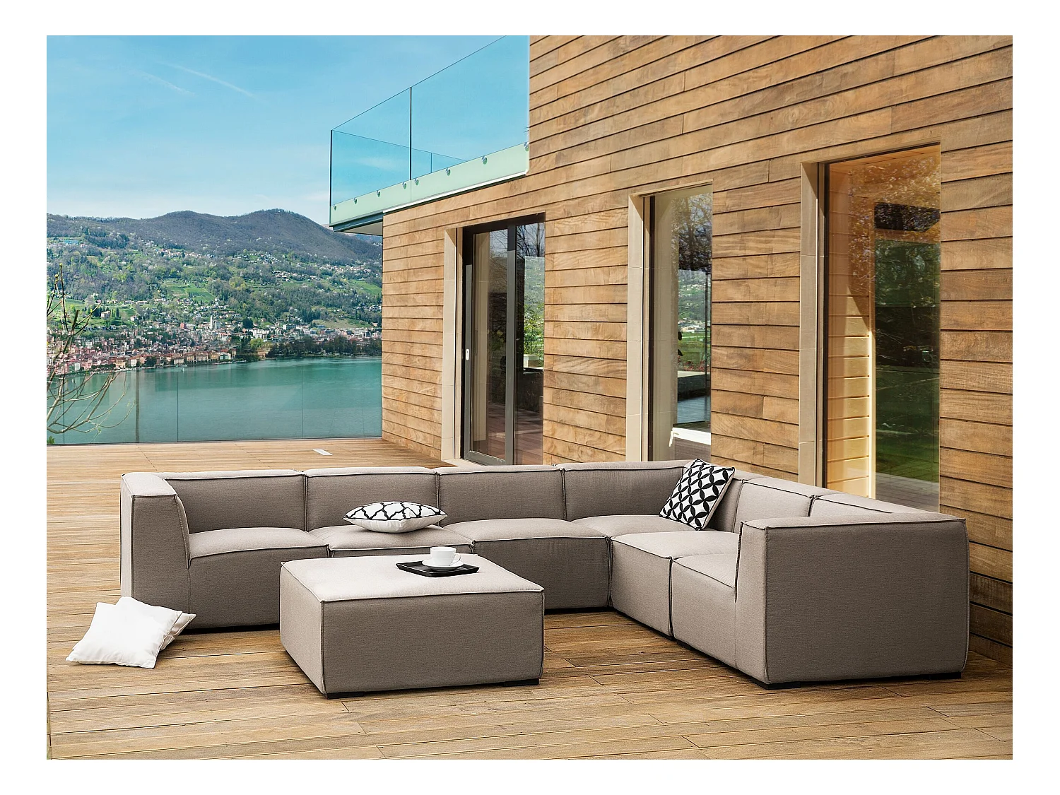 Canapé d'angle de jardin avec ottoman 7 places AREZZO Côté droite Beige