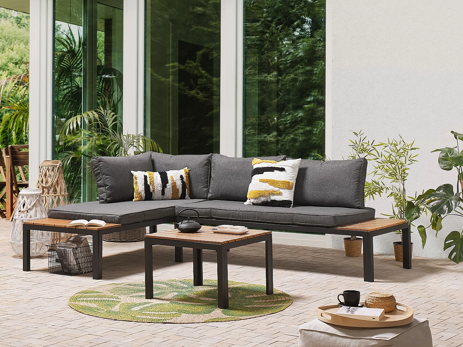 Gartenmöbelset schwarz/hellbraun Sofa mit Kaffeetisch Polsterbezug grau Pienza