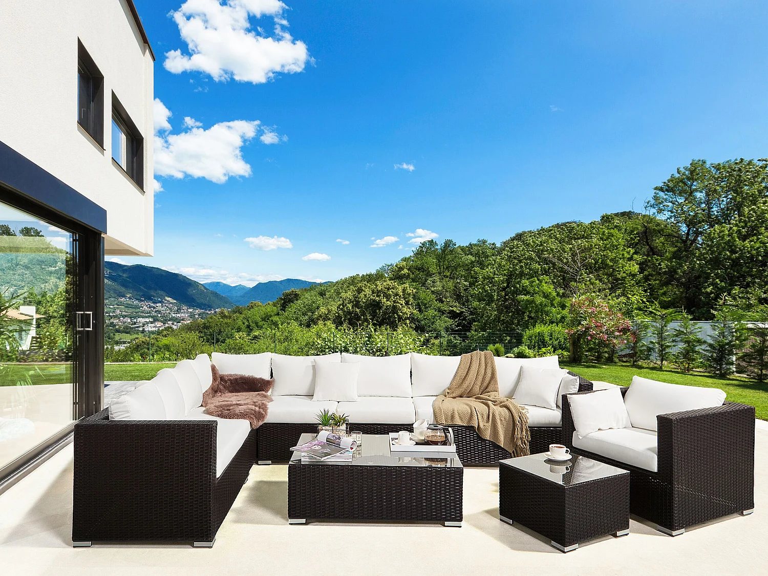 Conjunto de jardín con mesa 8 plazas XXL Derecha modular Marrón oscuro