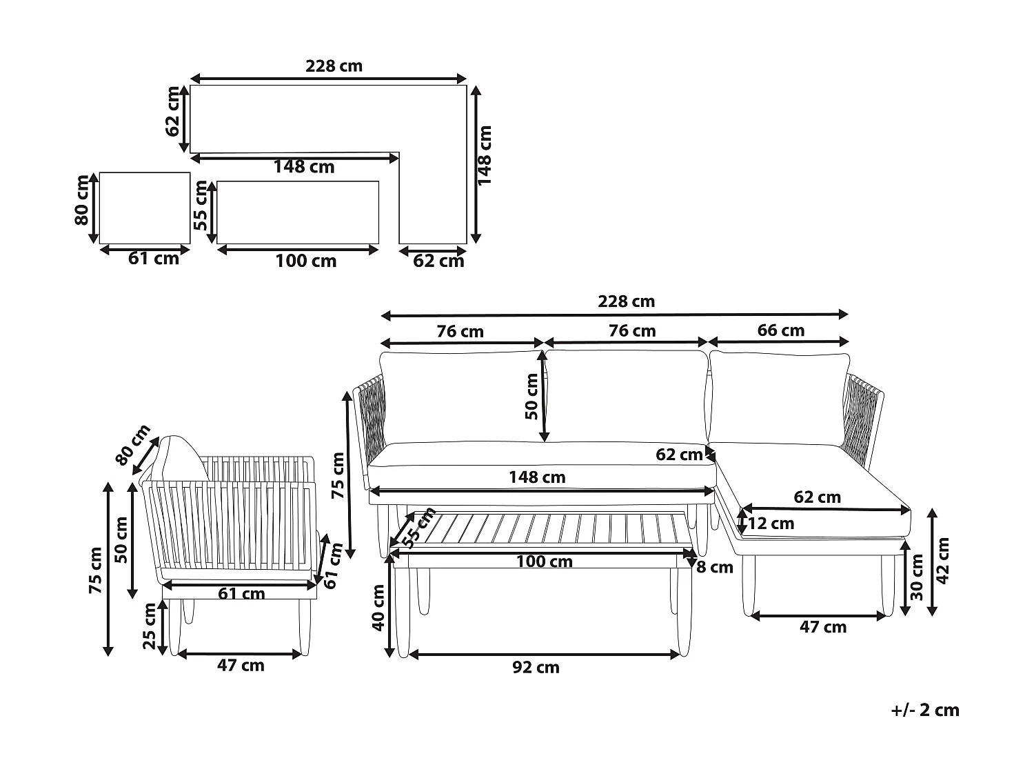 Loungeset met tafel 4-zitter CREMONA Linkerzijde Acaciahout Gebroken wit
