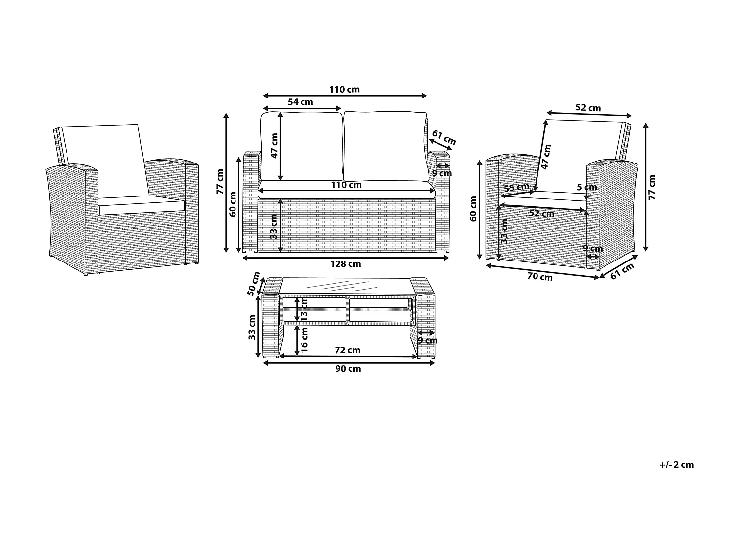 Ensemble de salon de jardin avec table 4 places LUCA Marron clair