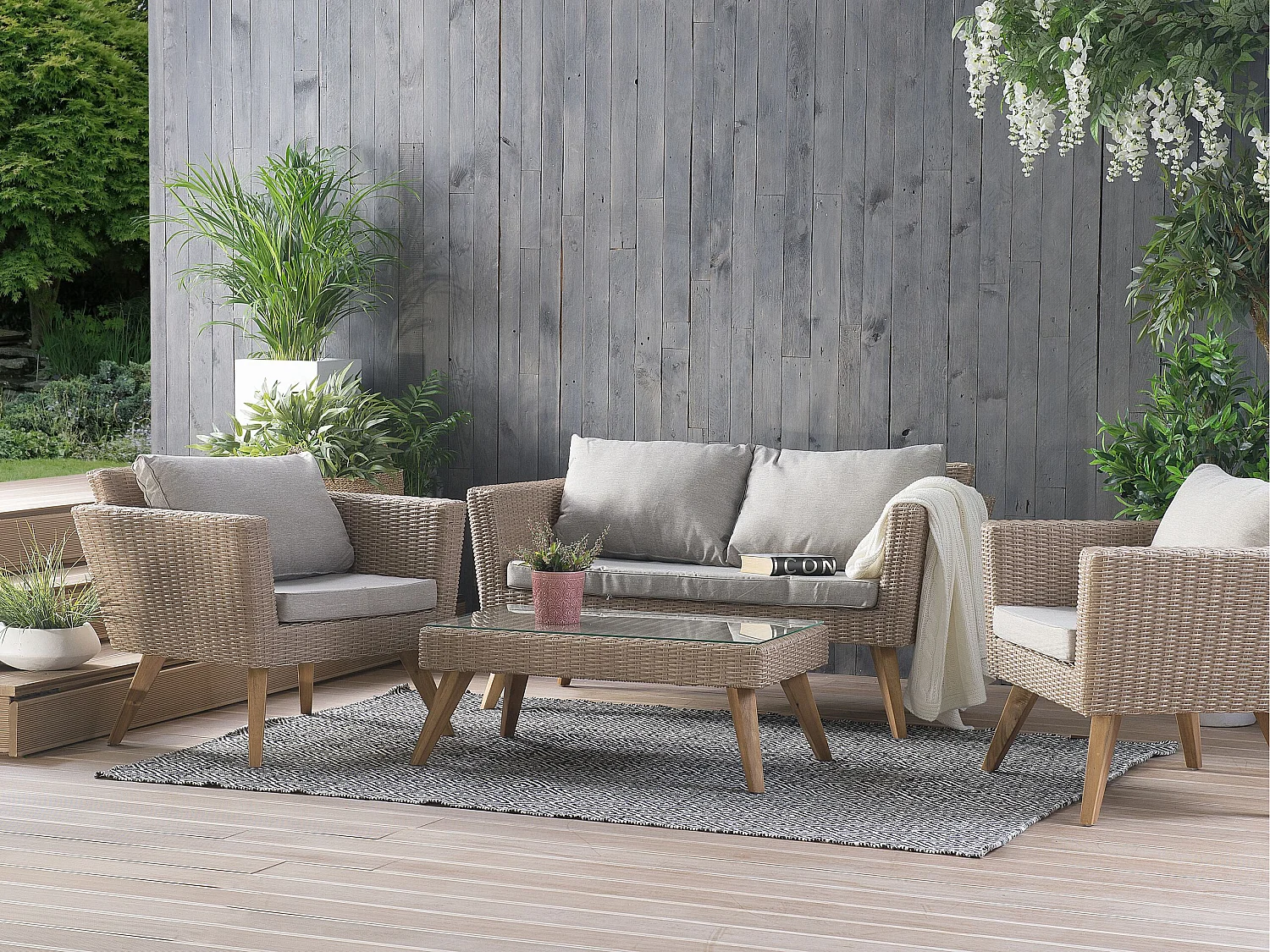 Lounge Set mit Tisch 4-Sitzer VITTORIA Polyrattan Grau