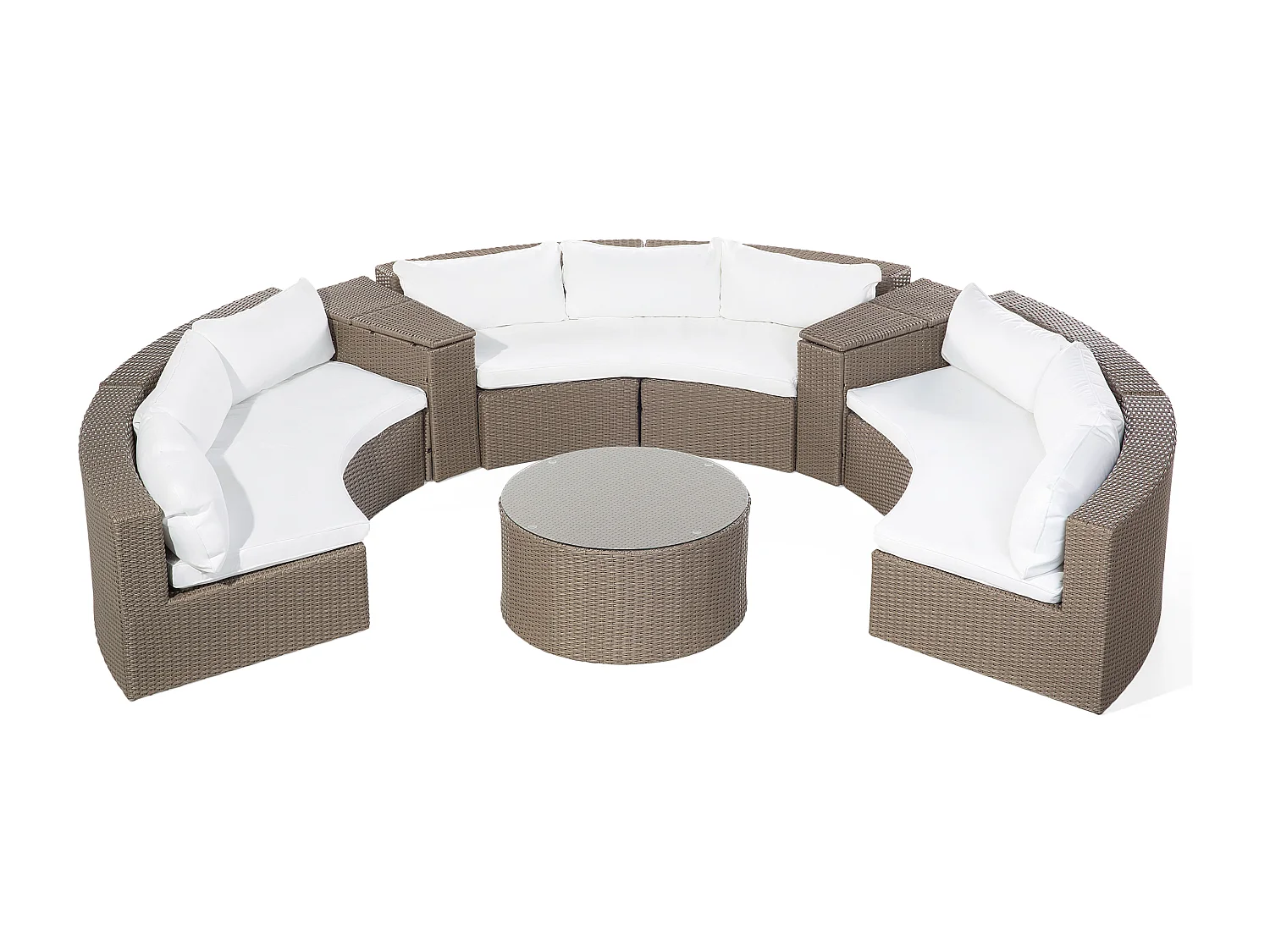 9-Sitzer Lounge Set Rattan braun rund mit Auflagen weiß Couchtisch Severo