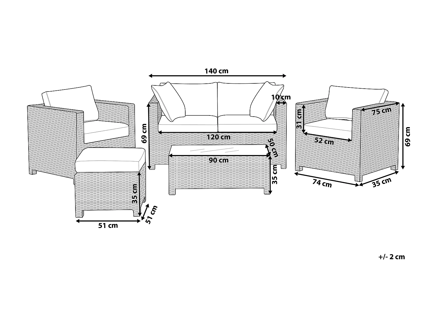 Ensemble de salon de jardin avec table et ottoman 4 places MILANO Gris clair