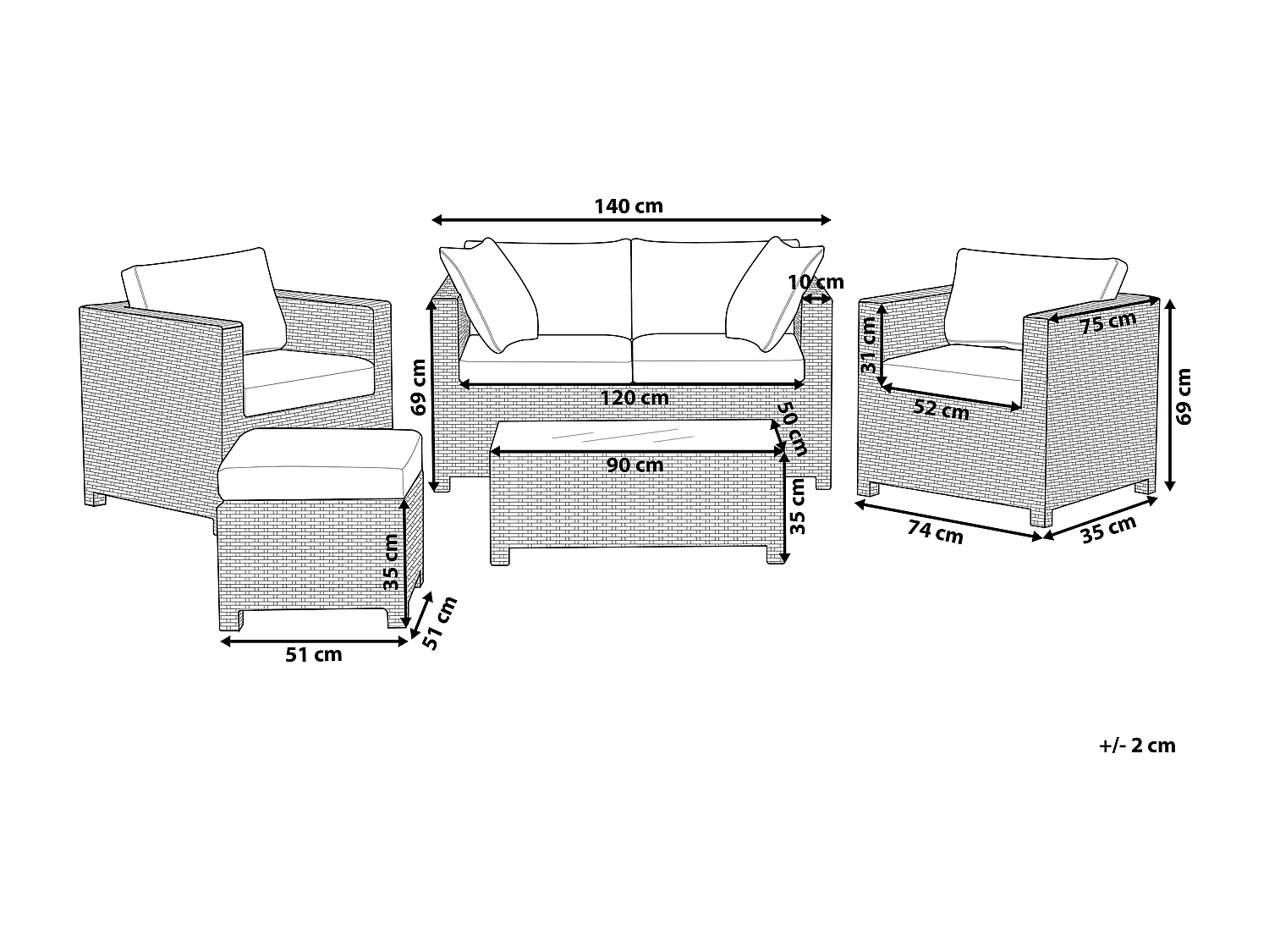 Ensemble de salon de jardin avec table et ottoman 4 places MILANO Gris clair