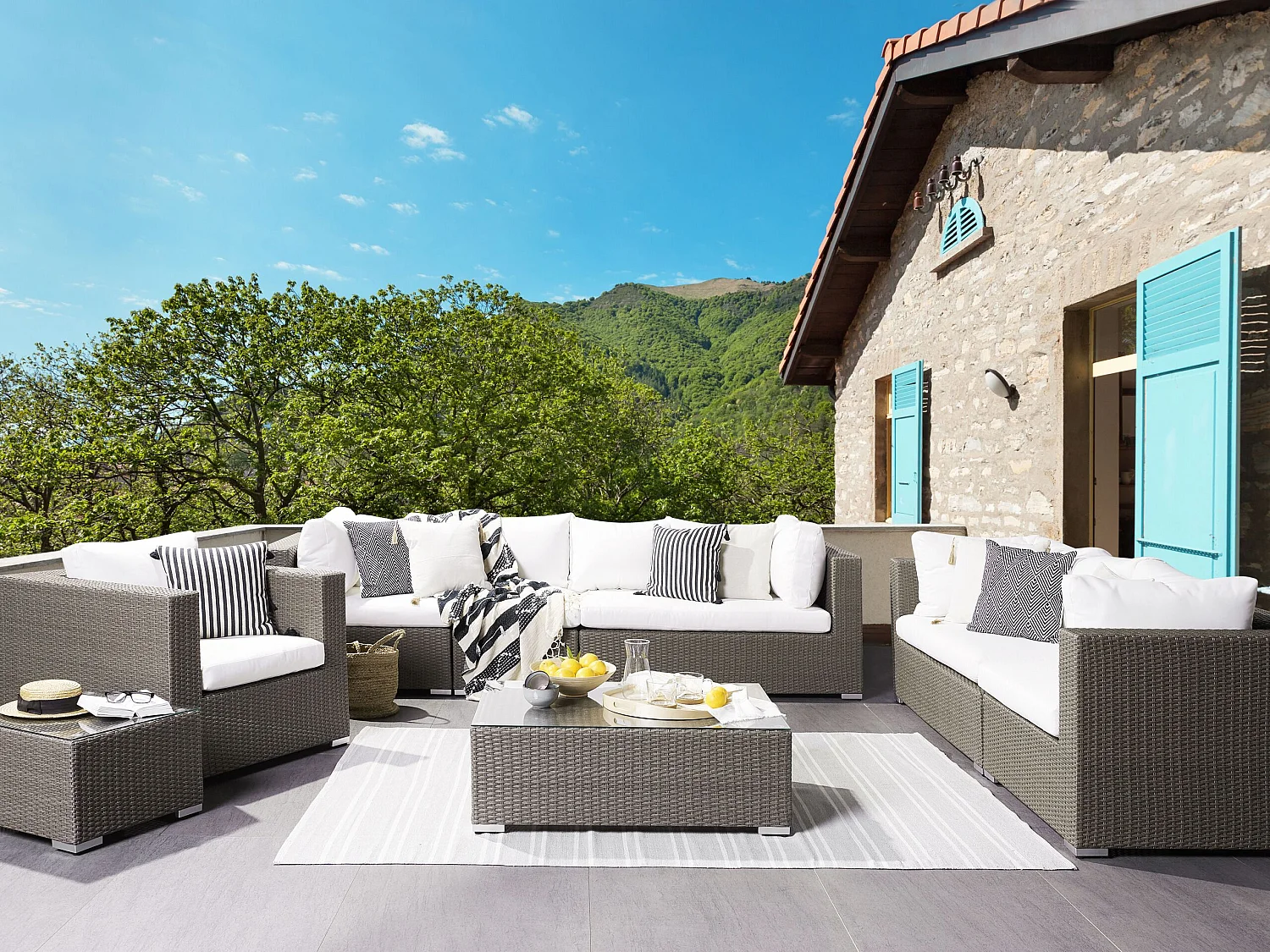 Zestaw ogrodowy ze stolikiem dla 8 osób MAESTRO Modułowy Technorattan Beżowoszary