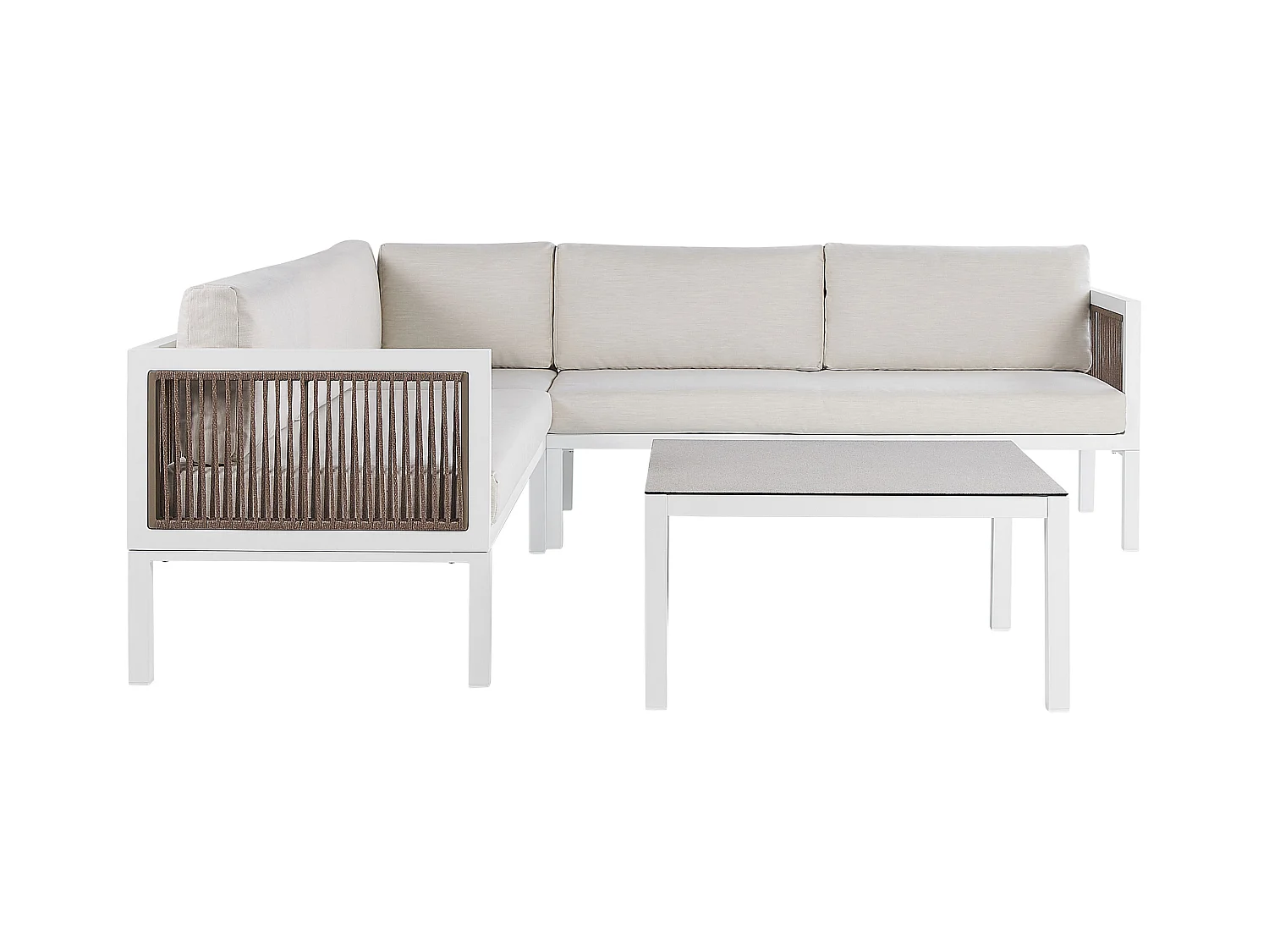 Garten Set weiß 4-Sitzer Ecksofa linksseitig mit Couchtisch Kissen beige Borello