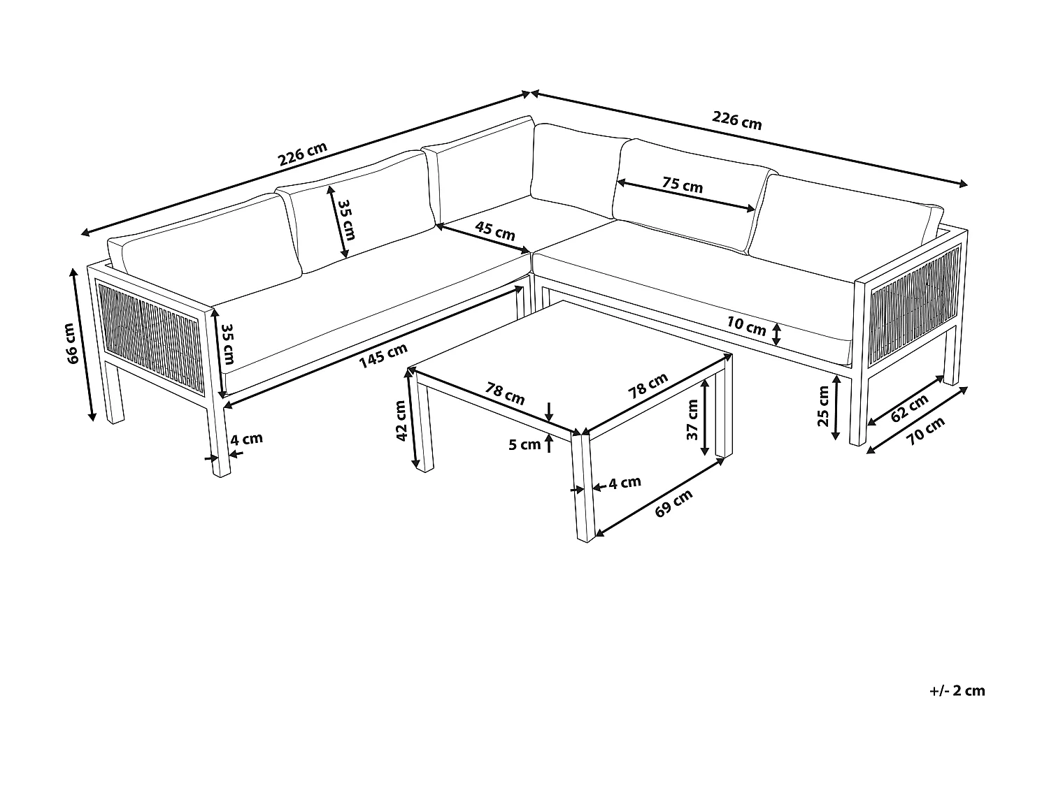 Garten Set weiß 4-Sitzer Ecksofa linksseitig mit Couchtisch Kissen beige Borello