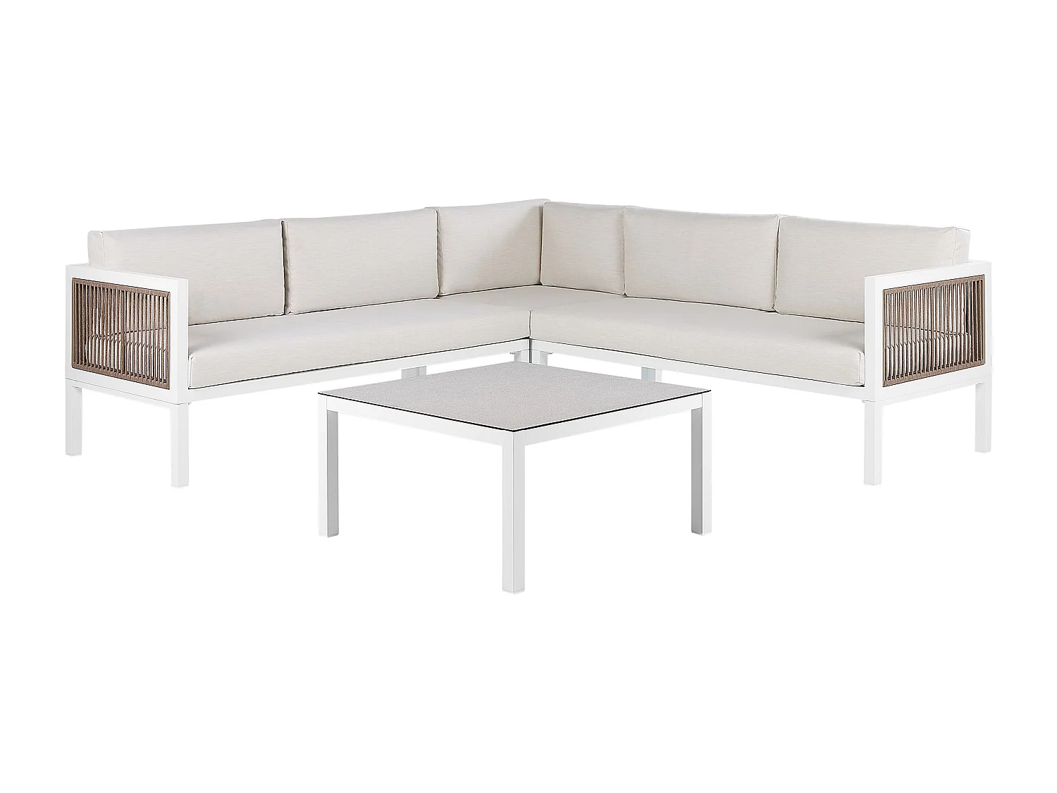 Garten Set weiß 4-Sitzer Ecksofa linksseitig mit Couchtisch Kissen beige Borello