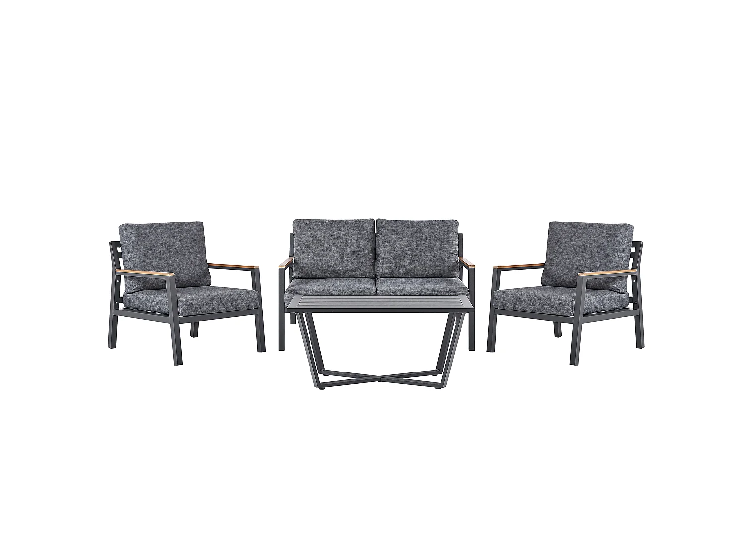 Gartenset modern Sofa 2 Sessel Tisch Aluminium schwarz Auflagen dunkelgrau Delia