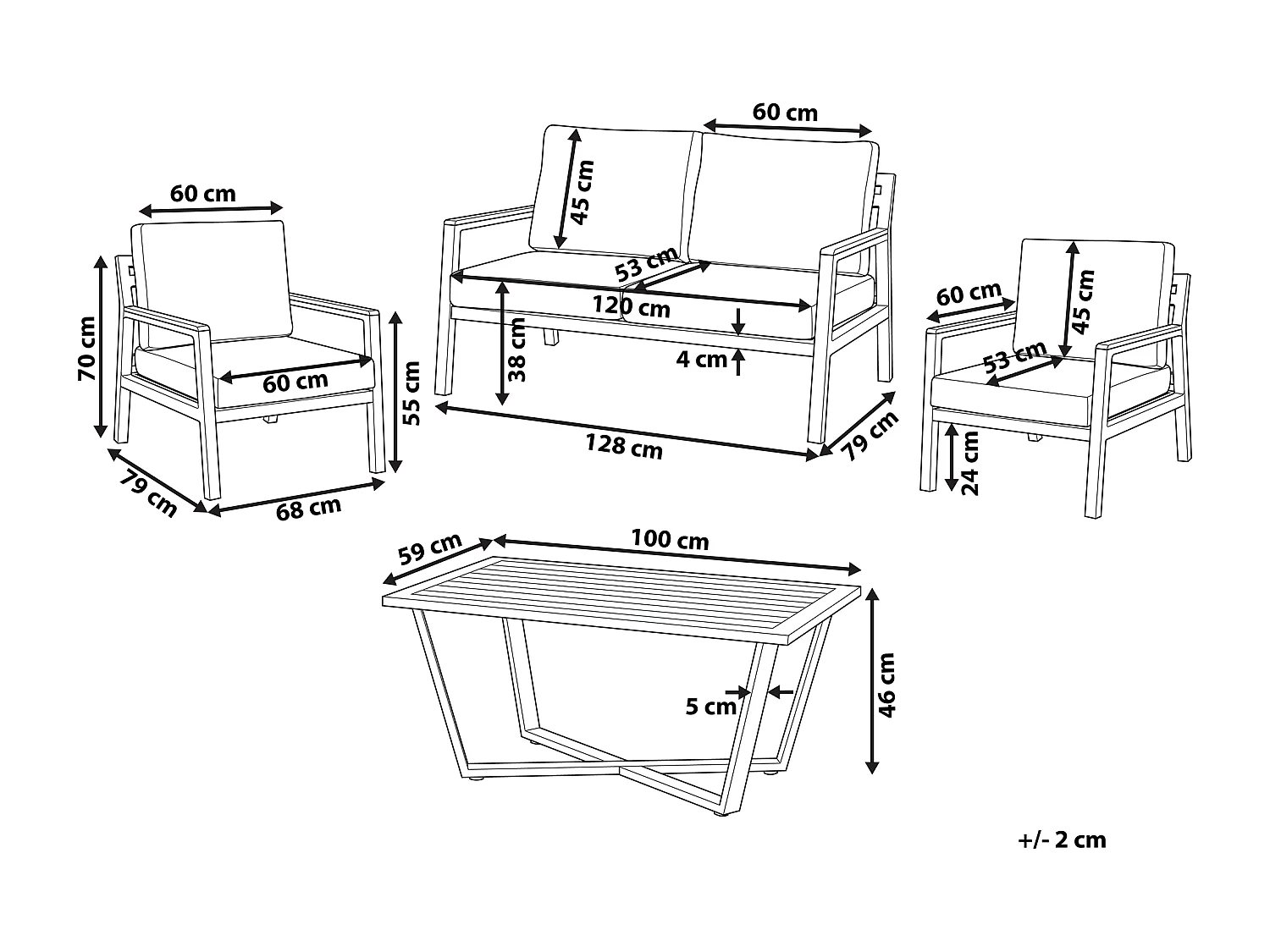 Gartenset modern Sofa 2 Sessel Tisch Aluminium schwarz Auflagen dunkelgrau Delia