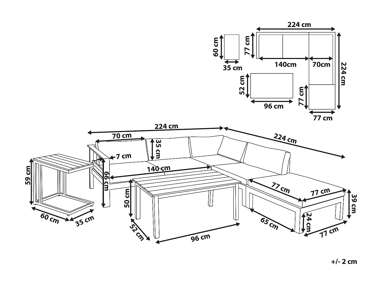 Tuin hoekloungeset met tafel 5-zitter MESSINA Linkerzijde Metaal Groen