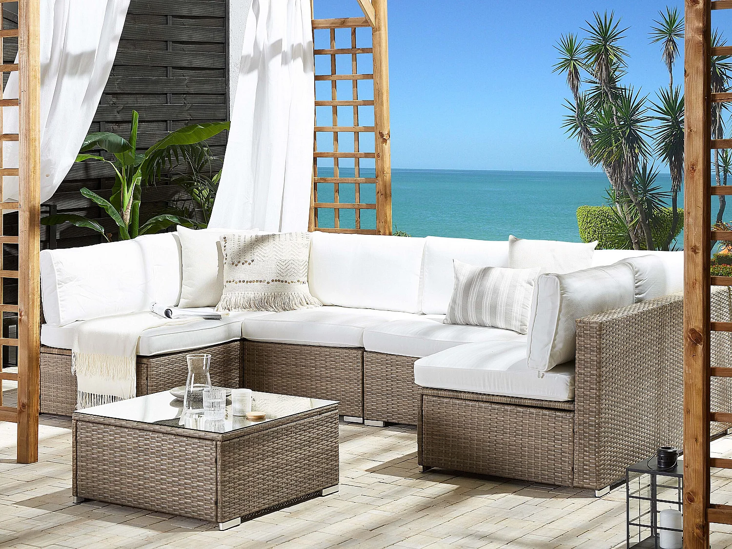 Garten Ecksofa mit Tisch 6-Sitzer BELVEDERE Polyrattan Weiss