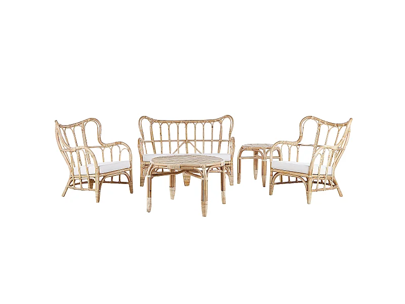Lounge Set Heller Holzfarbton 4er Sitzer Rattan Auflagen Beige Brindisi