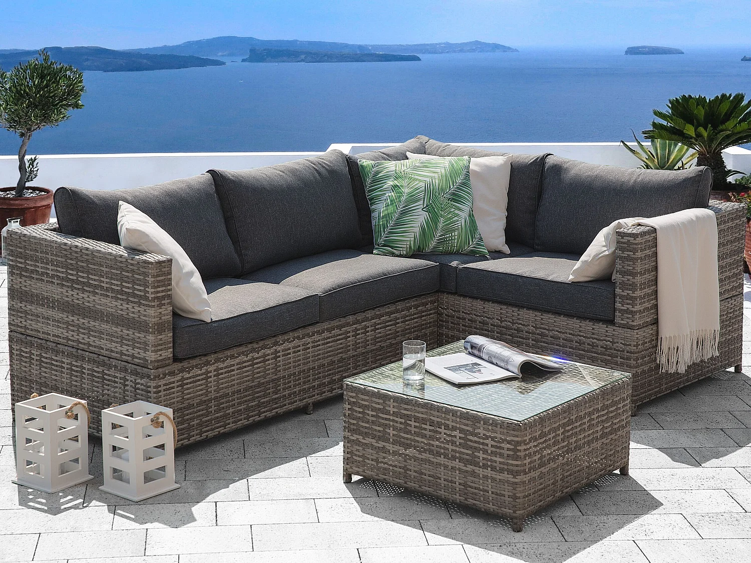 4-Sitzer Lounge Set Rattan grau Ecksofa mit Tisch Auflagen dunkelgrau Avola