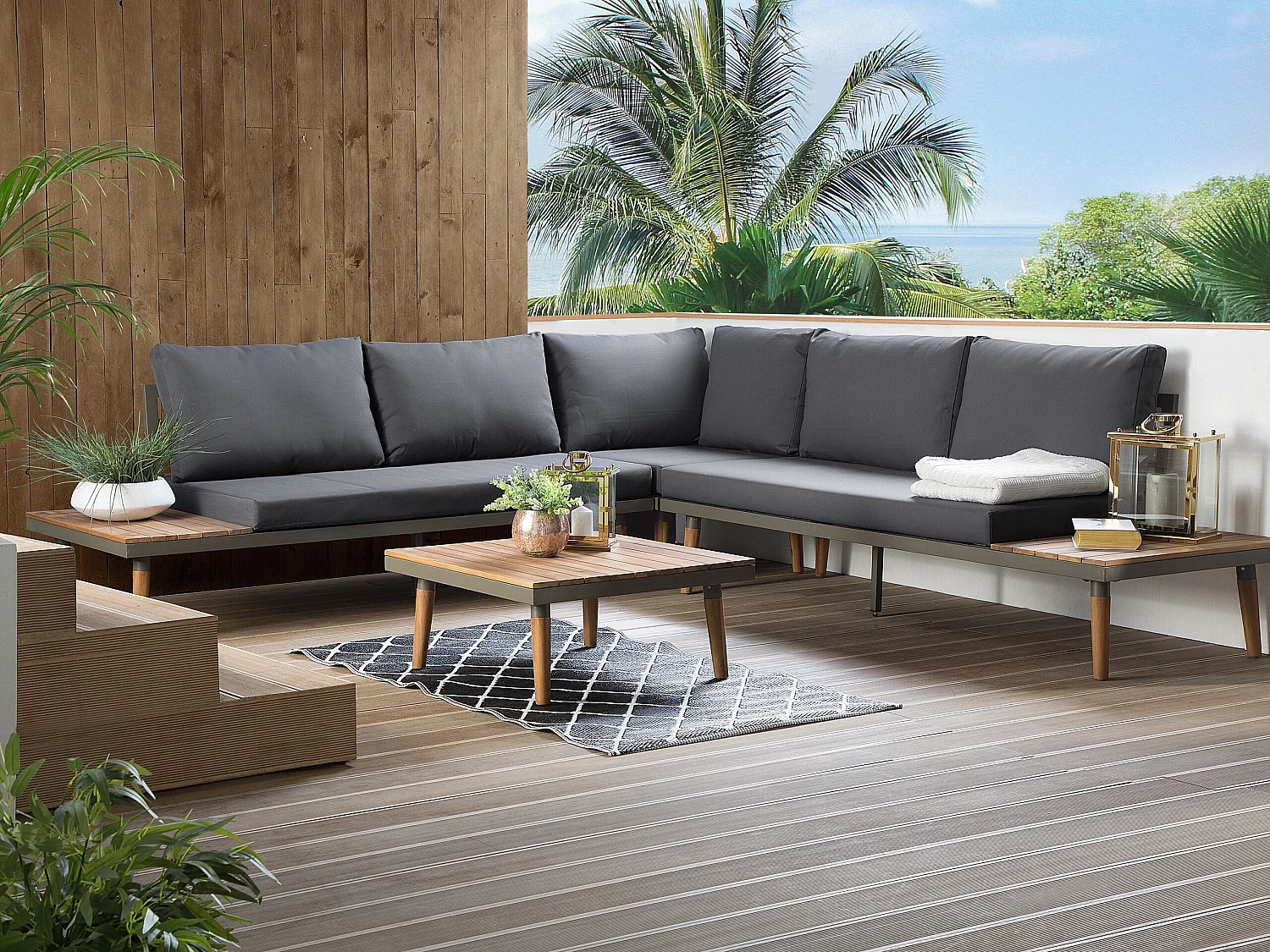 Garten Ecksofa mit Tisch 5-Sitzer CORATO Akazienholz Grau