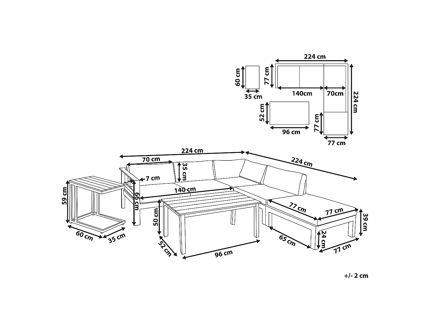Ensemble de canapés d'angle de jardin 5 places MESSINA Côté gauche Métal Noir