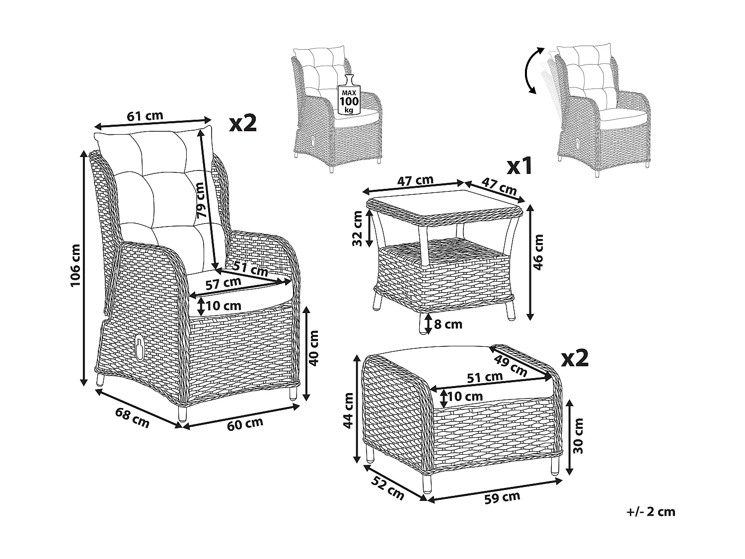Ensemble de salon de jardin avec table et ottoman 2 places PONZA Polyrotin Beige