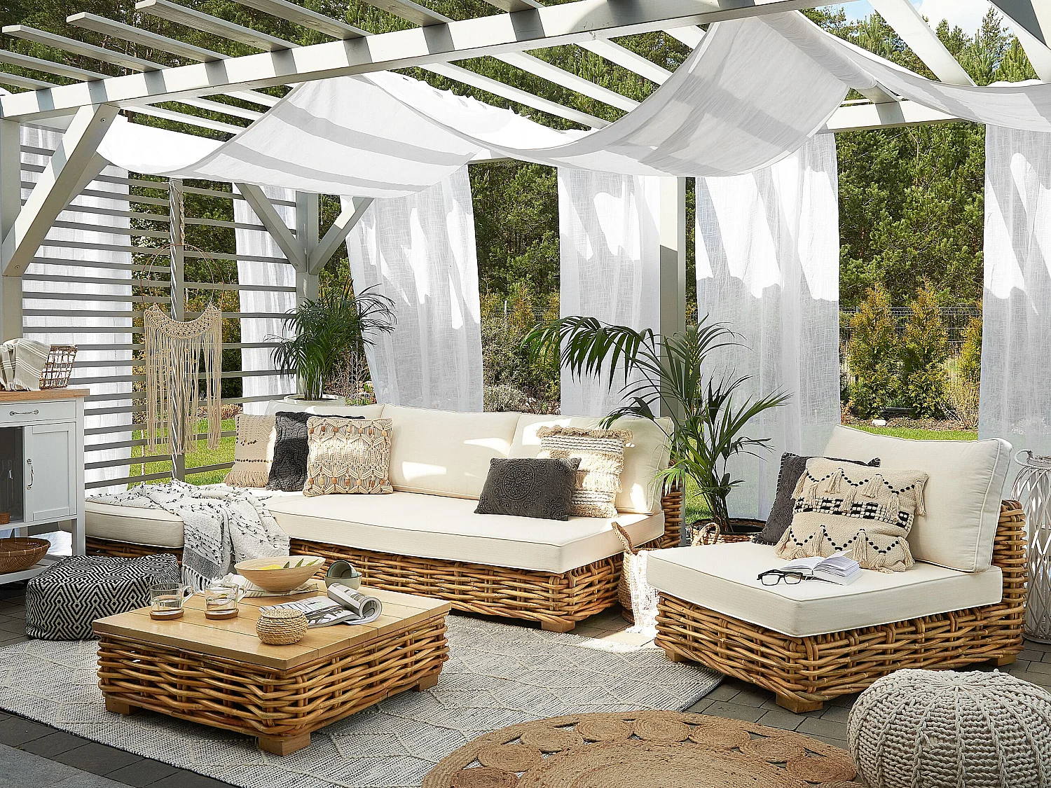 Lounge Set Rattan natürlich 4 Personen linksseitig Auflagen cremeweiß Varallo