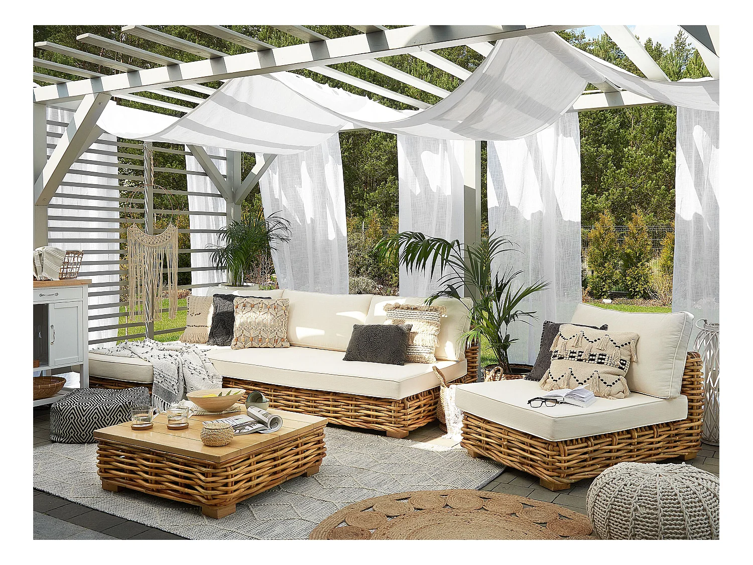Lounge Set Rattan natürlich 4 Personen linksseitig Auflagen cremeweiß Varallo