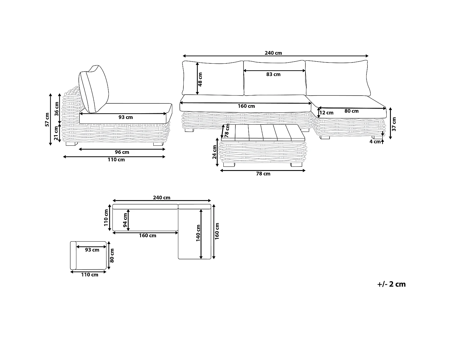 Lounge Set Rattan natürlich 4 Personen linksseitig Auflagen cremeweiß Varallo