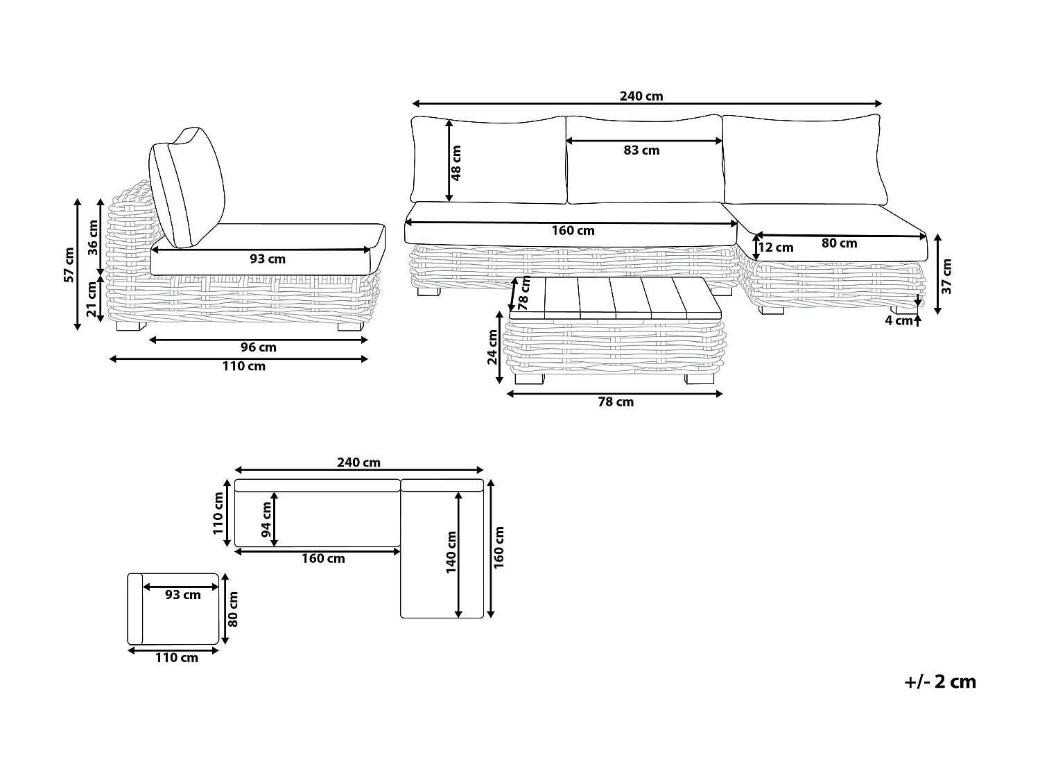Ensemble de salon de jardin avec table 4 places VARALLO Côté droite Rotin Naturel