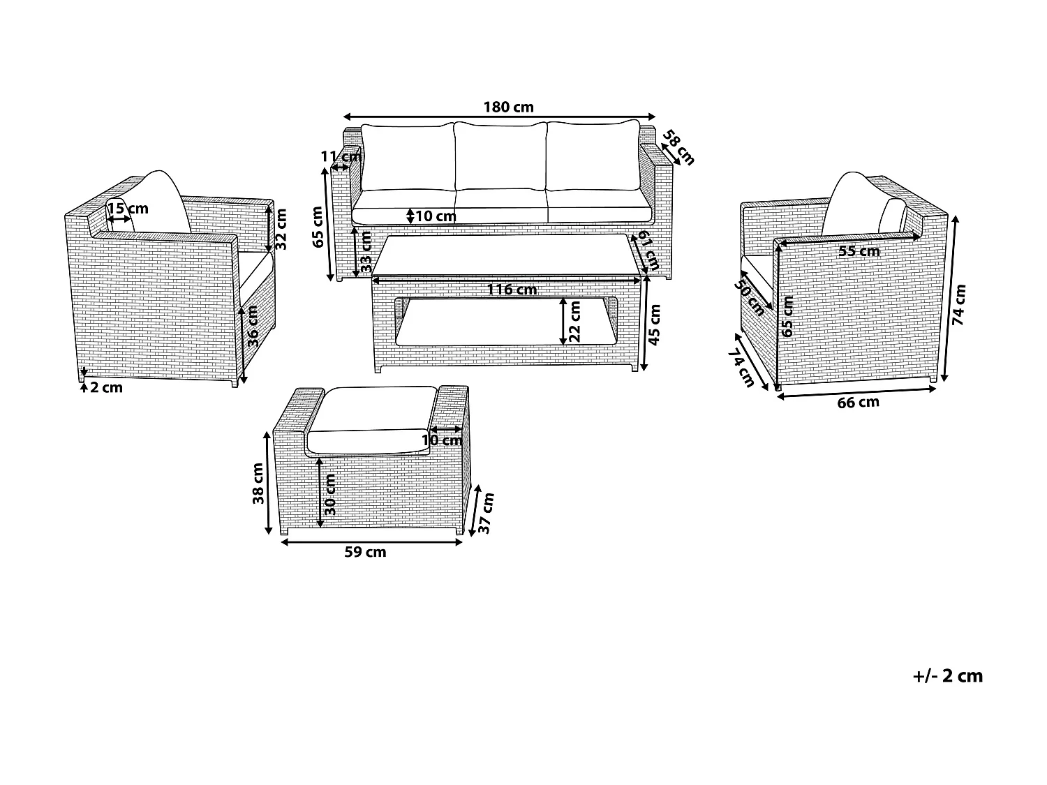 Loungeset met tafel en ottomaan 6-zitter ROMA Wit