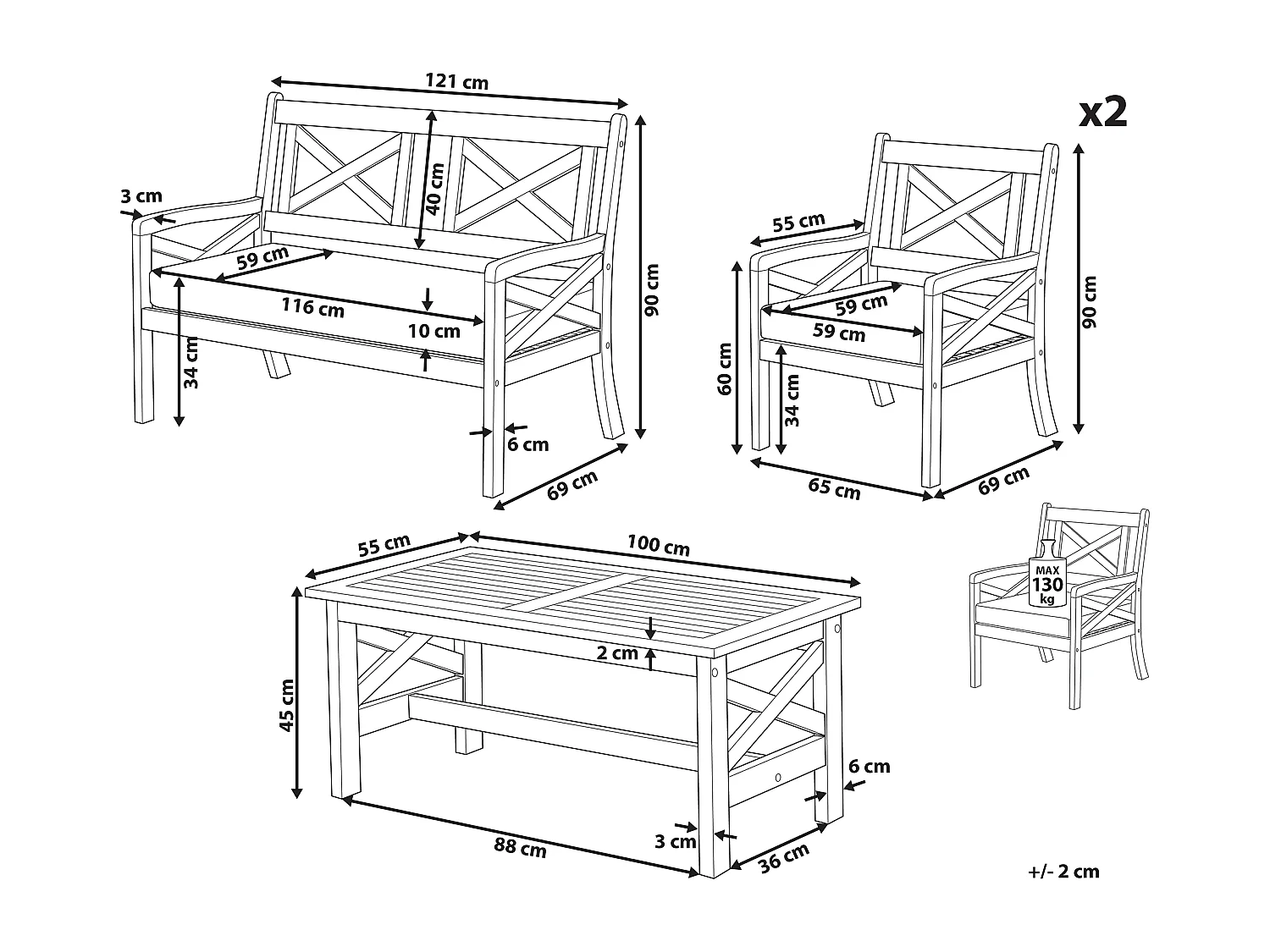 Ensemble de salon de jardin avec table 4 places BALTIC Acacia Bleu foncé