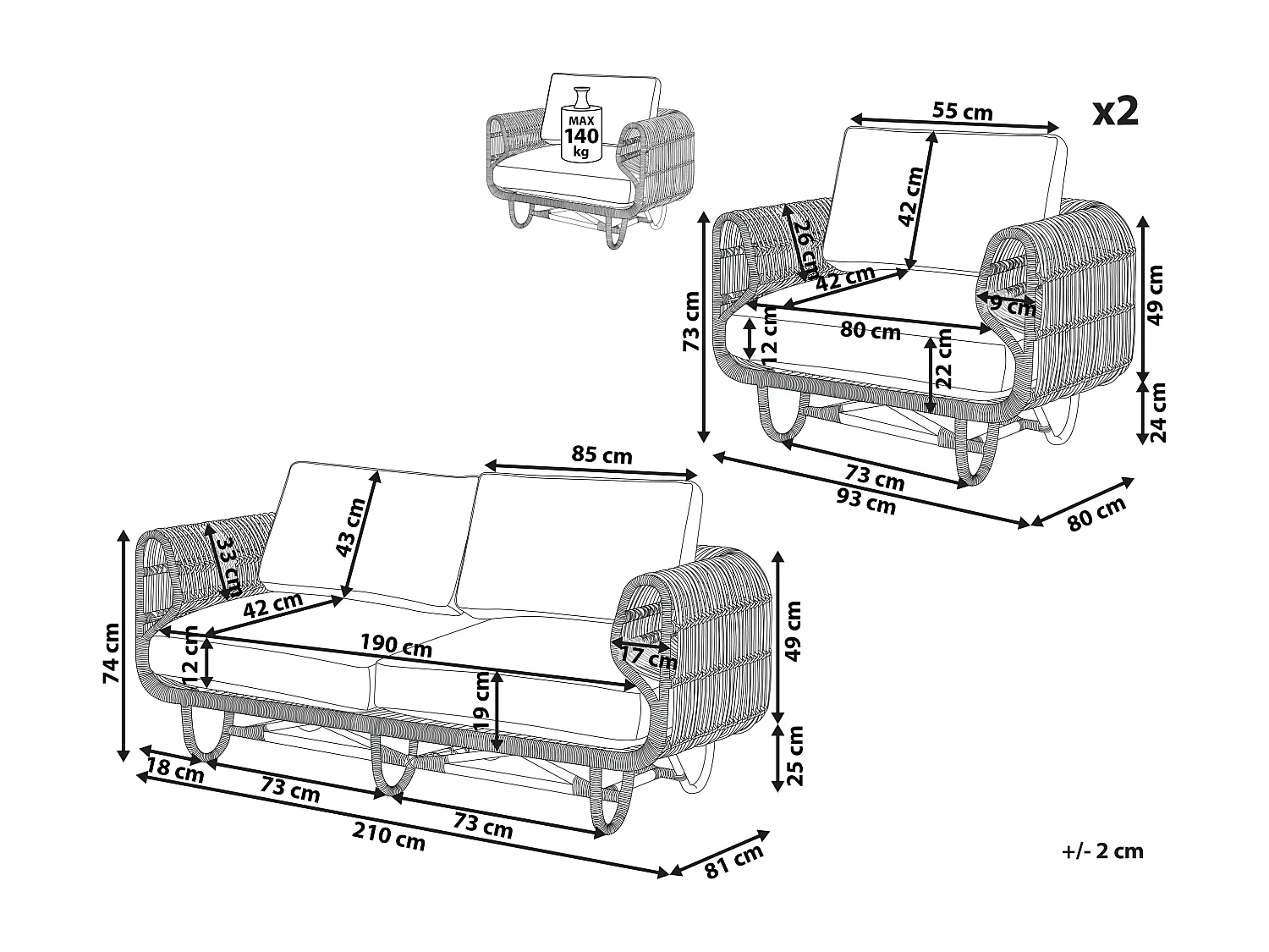 Conjunto de sofás de jardim 4 lugares DOLCEDO Rattan Creme