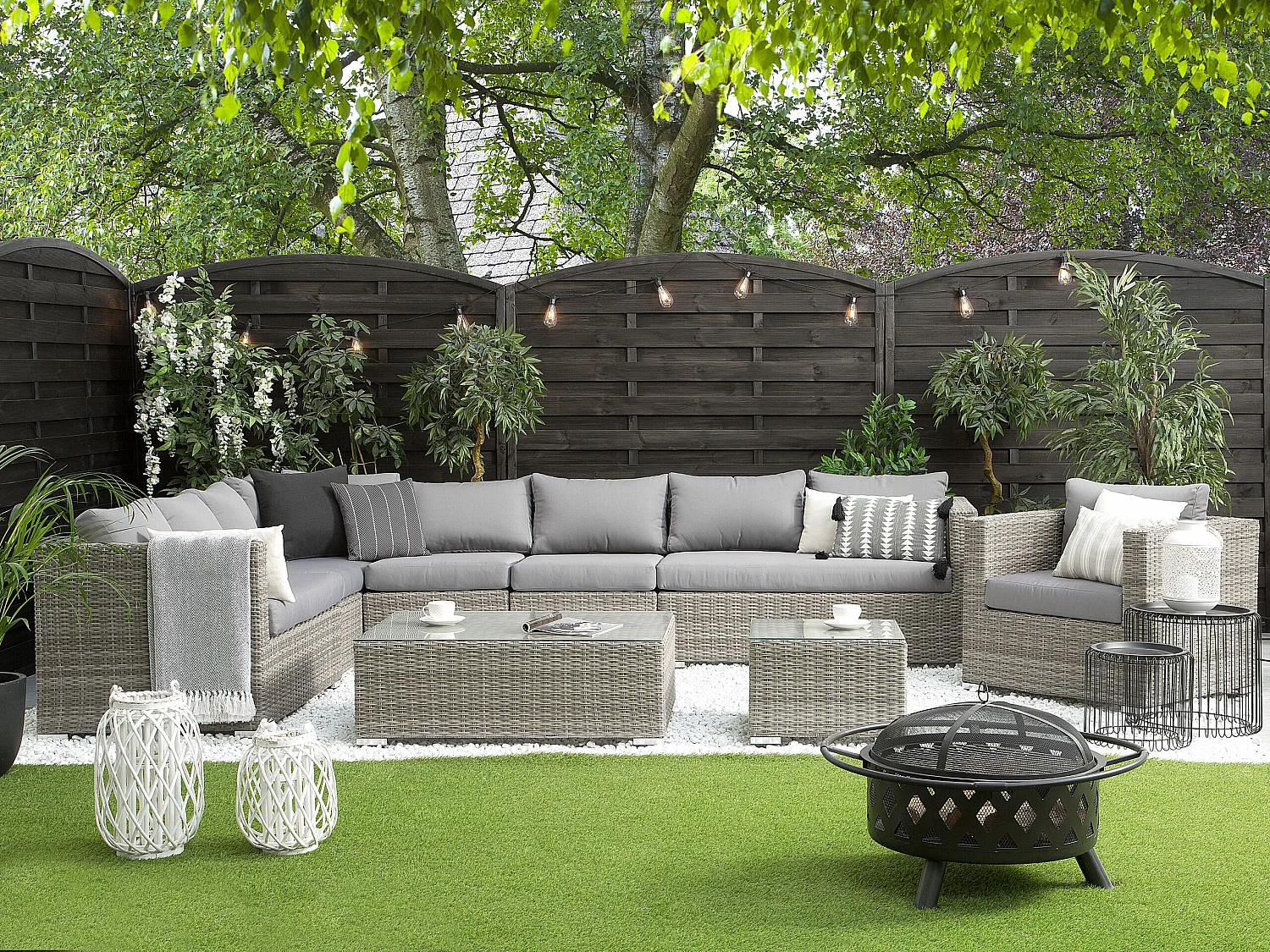 Lounge Set mit Tisch 8-Sitzer XXL rechtsseitig modular Polyrattan Grau