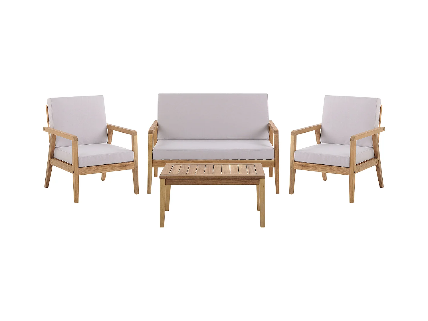 Loungeset Akazienholz Sofa 2 Sessel und Couchtisch mit Auflagen in Grau Pallano