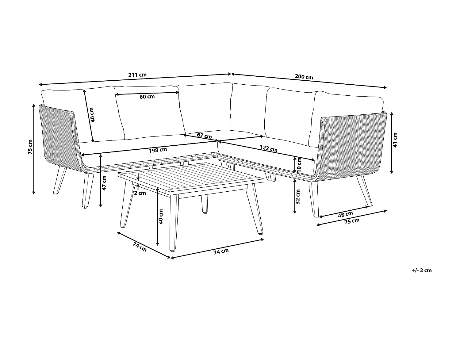 Tuin hoekloungeset met tafel 5-zitter ALCAMO Linkerzijde Acaciahout Zwart