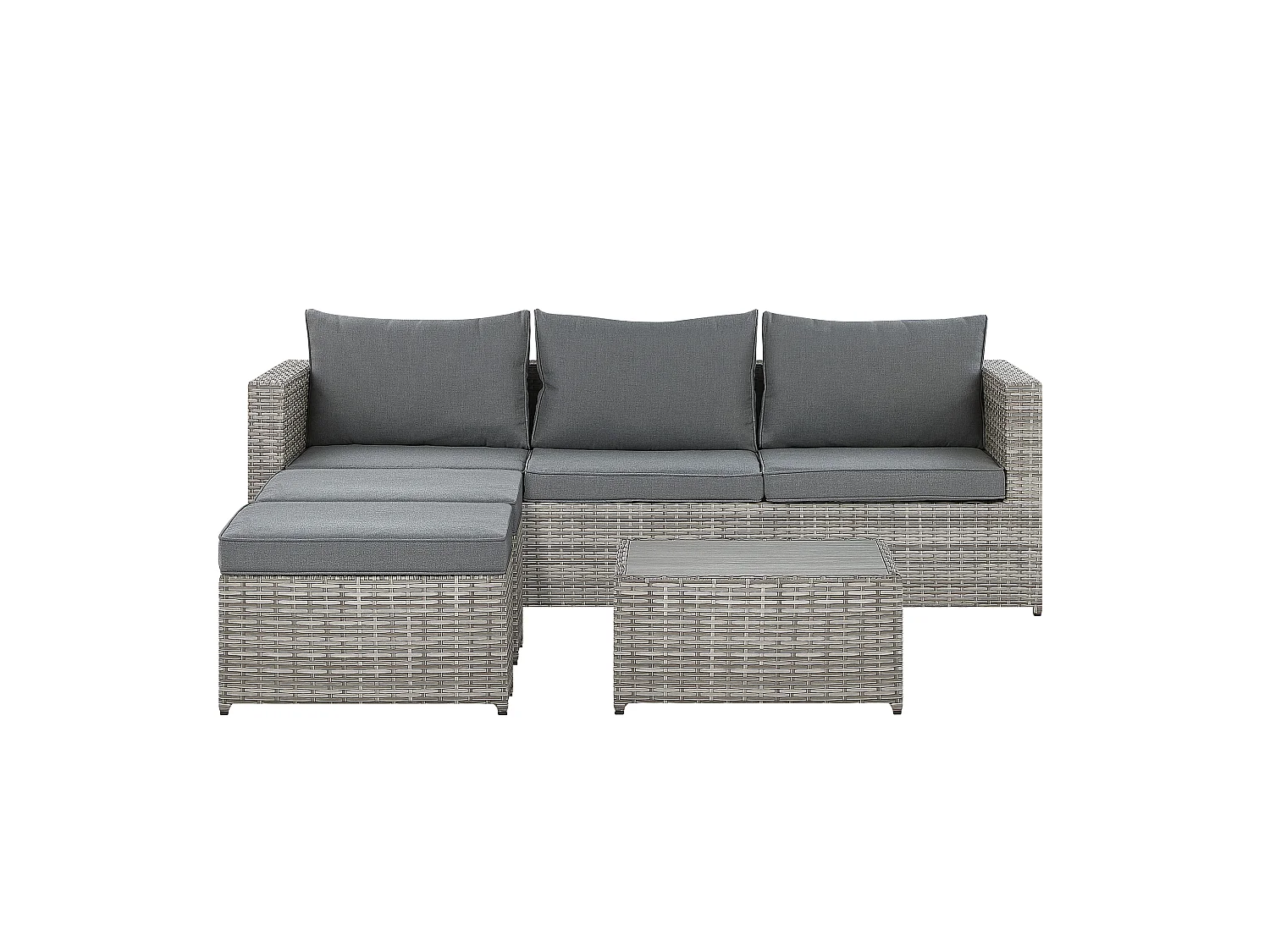 Rechtsseitiges Lounge Set Polyrattan grau 2 Ottomanen Auflagen Couchtisch Sabbia