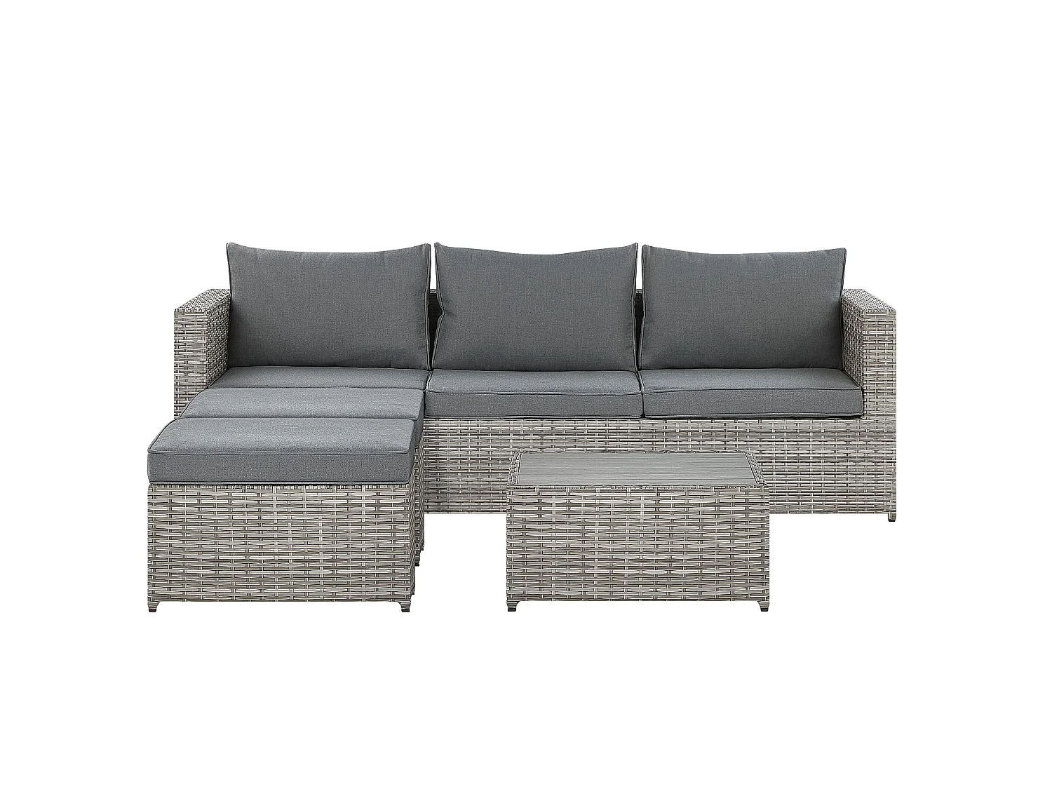 Rechtsseitiges Lounge Set Polyrattan grau 2 Ottomanen Auflagen Couchtisch Sabbia