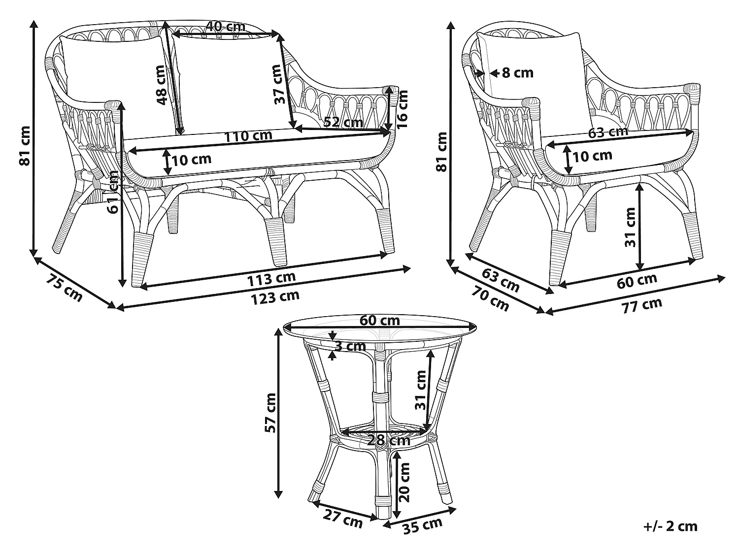 Set da giardino con tavolo 4 posti SIBARI Rattan Naturale