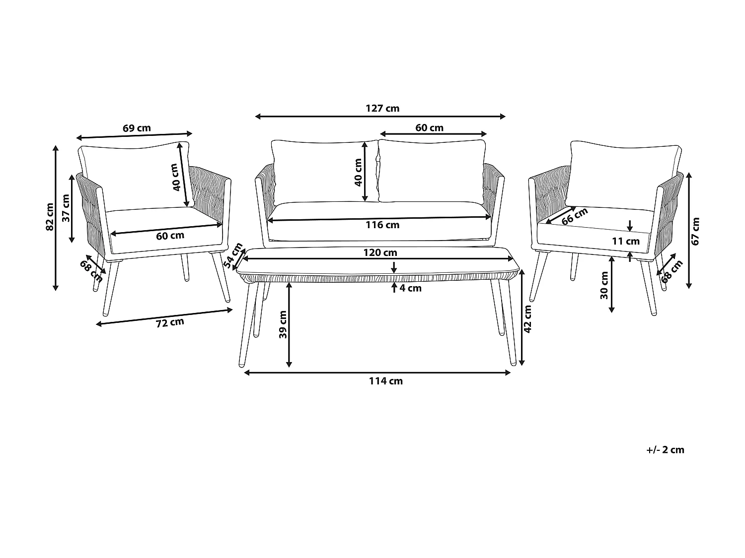 Zestaw ogrodowy ze stolikiem dla 4 osób PREVEZA Technorattan Szary