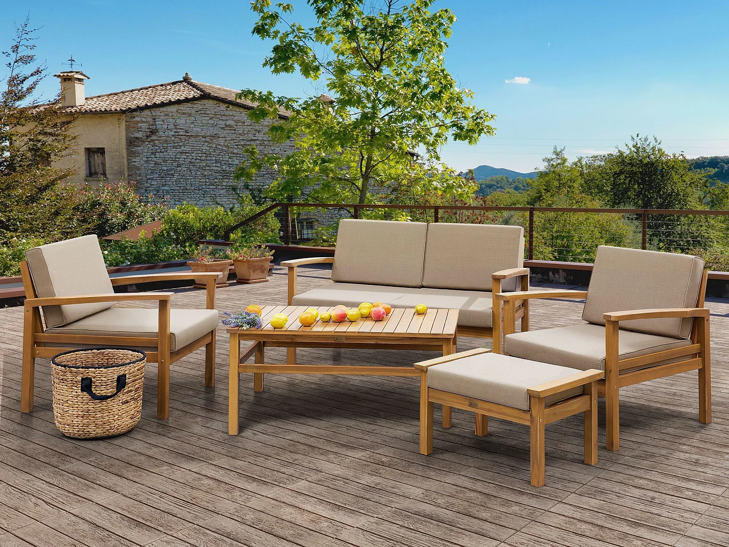 Ensemble de salon de jardin avec table et ottoman 4 places MANILA Acacia Marron clair