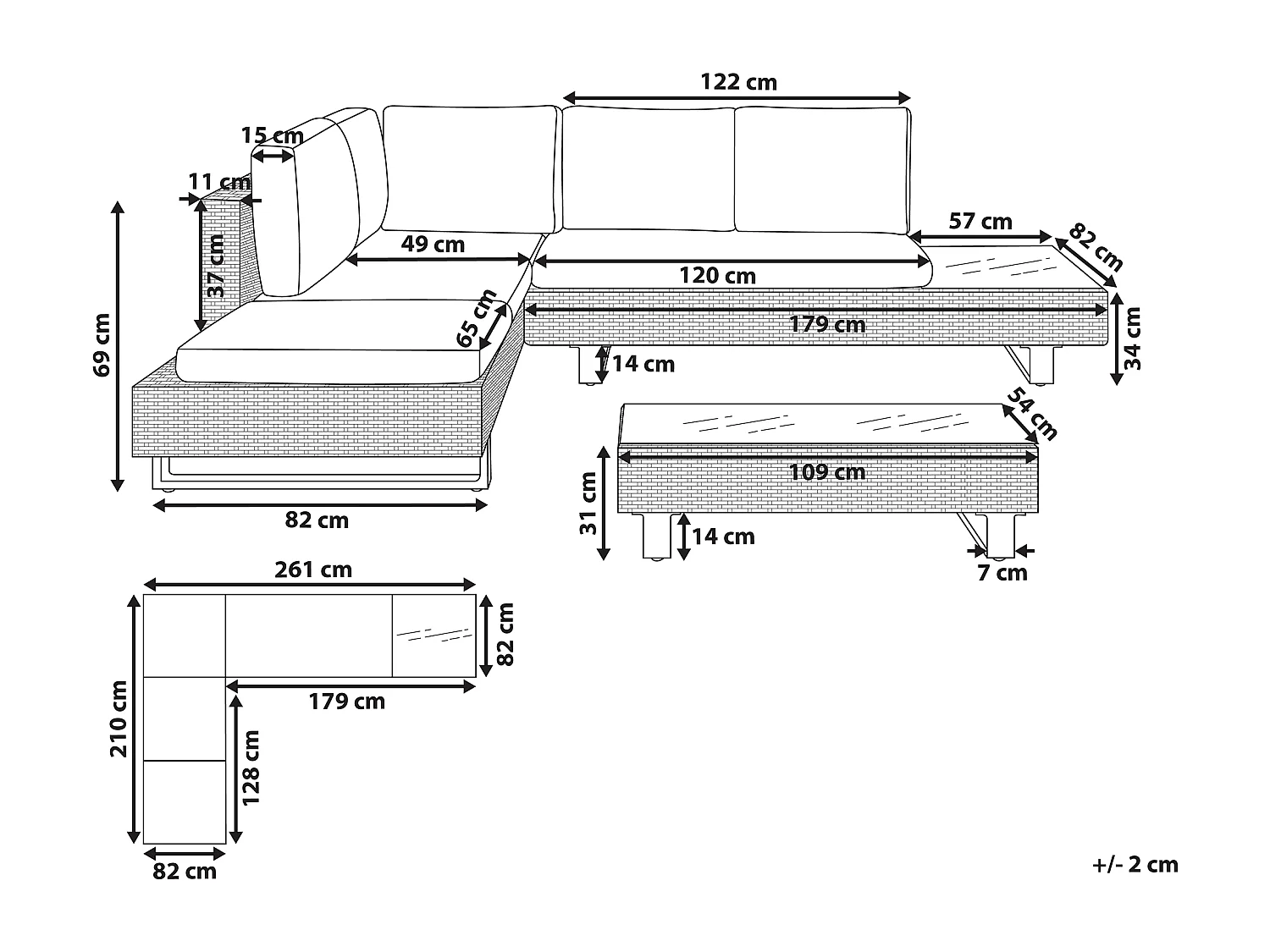 Tuin hoekloungeset met tafel 5-zitter LANCIANO Rechterzijde Grijs