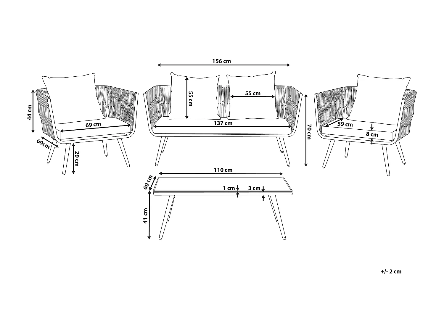 Loungeset met tafel 4-zitter RAGUSA Grijs