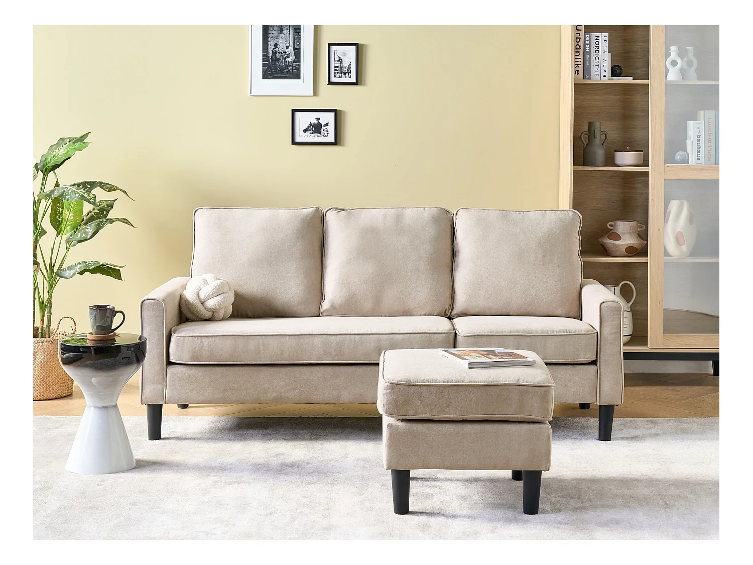 Canapé 3 places AVESTA Tissu Beige avec ottoman
