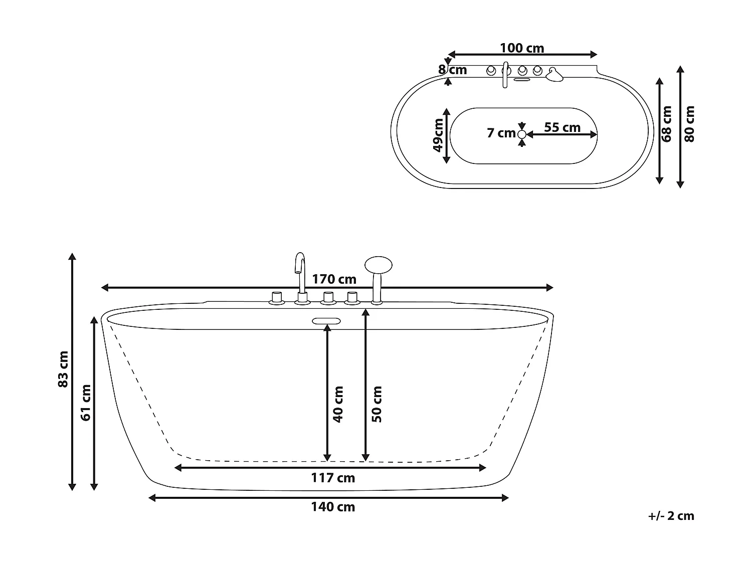 Acryl Badewanne oval freistehend schwarz mit Armatur Überlauf 170 x 80 cm Rotso