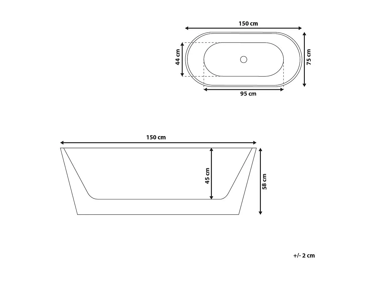 Stilvolle Acryl Badewanne oval freistehend weiß mit Überlauf 150 x 75 cm Havana