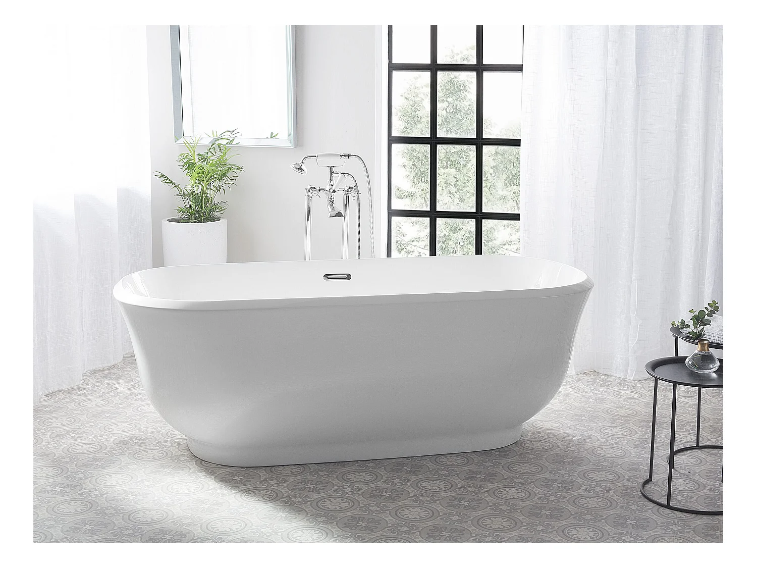Stilvolle Acryl Badewanne oval freistehend weiß mit Überlauf 170x77 cm Tesoro
