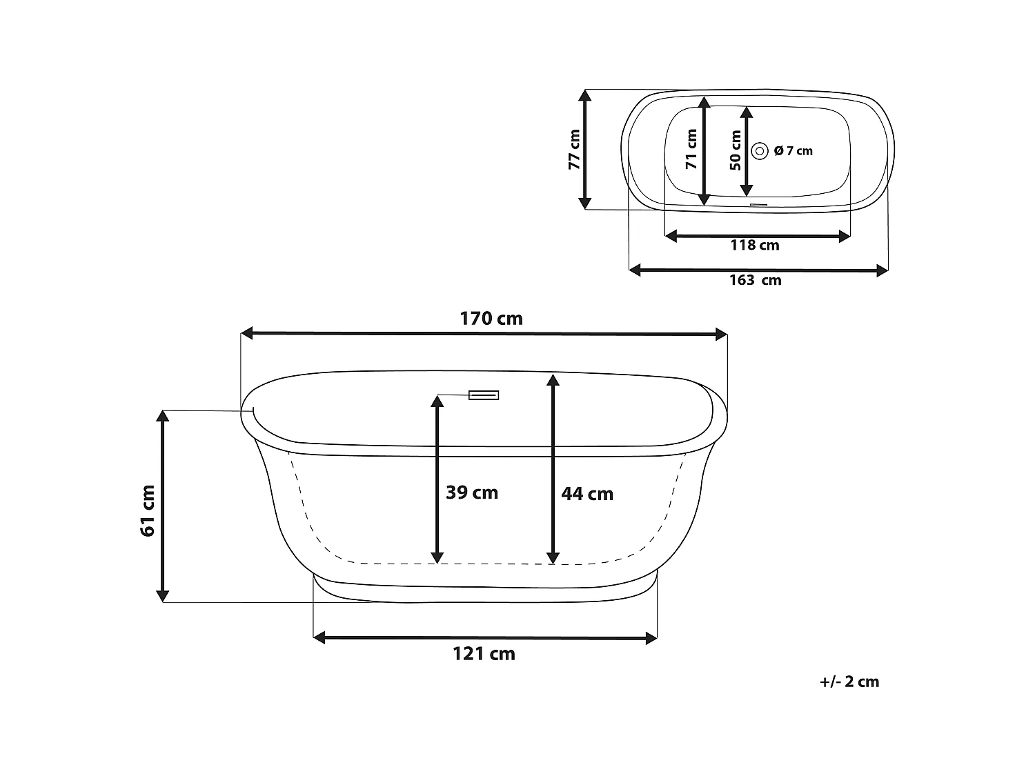 Stilvolle Acryl Badewanne oval freistehend weiß mit Überlauf 170x77 cm Tesoro