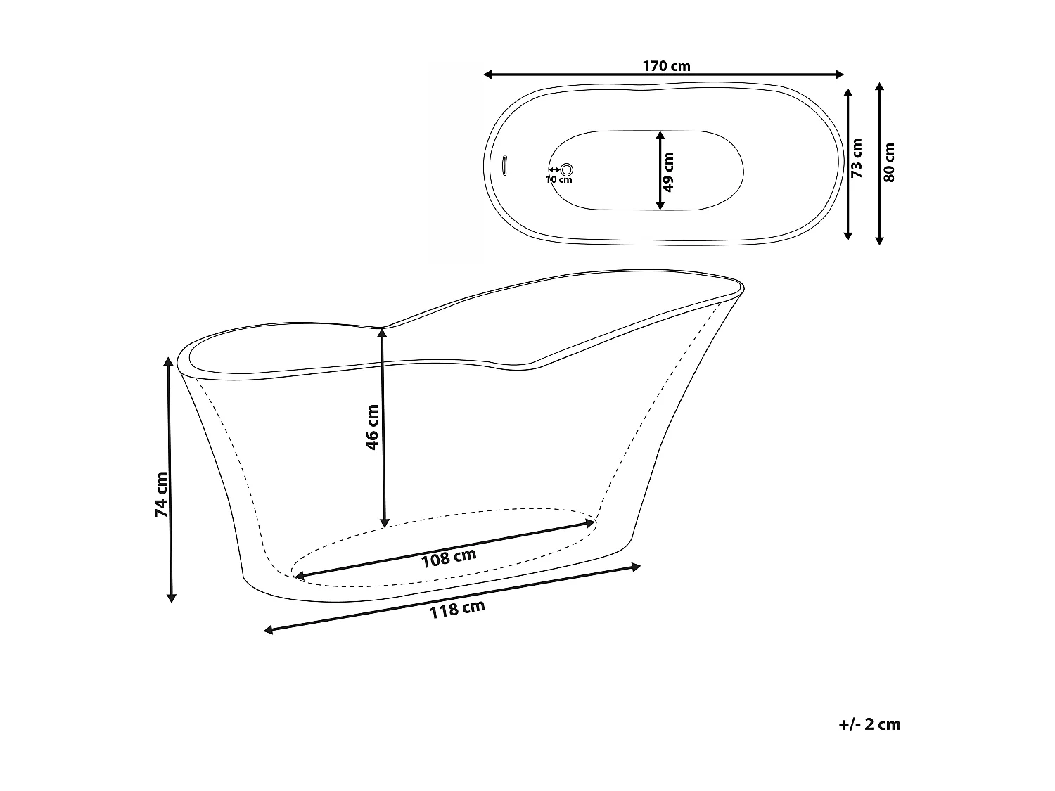 Edle Acryl Badewanne oval freistehend weiß mit Überlauf 170 x 80 cm Dulcina