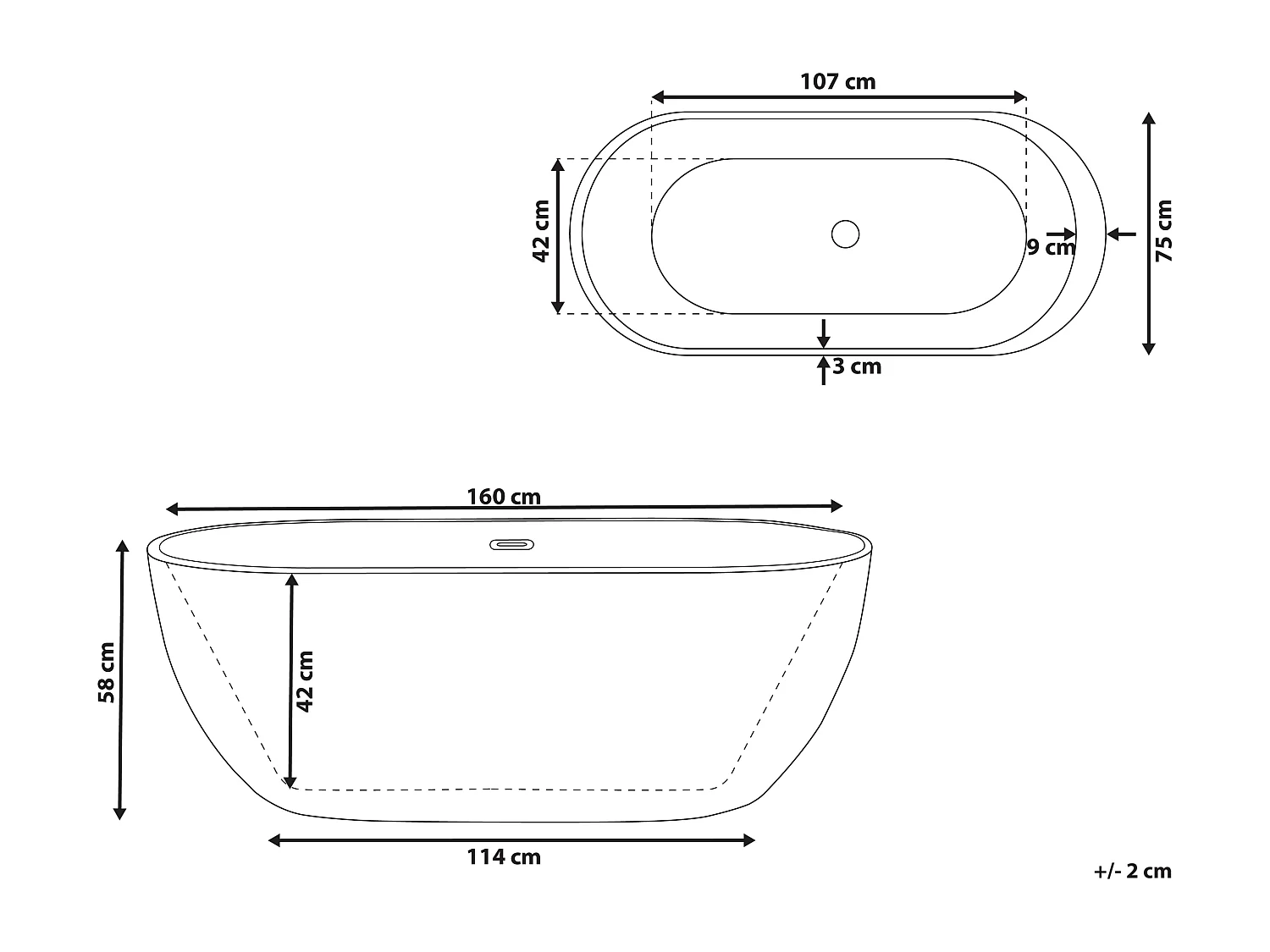 Moderne, freistehende Badewanne Sanitäracryl oval schwarz 160 x 75 cm Nevis