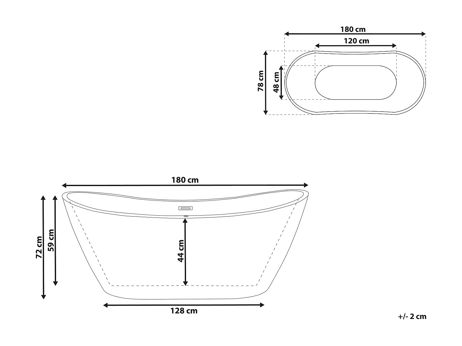 Edle Acryl Badewanne oval freistehend schwarz mit Überlauf 180 x 78 cm Antiqua