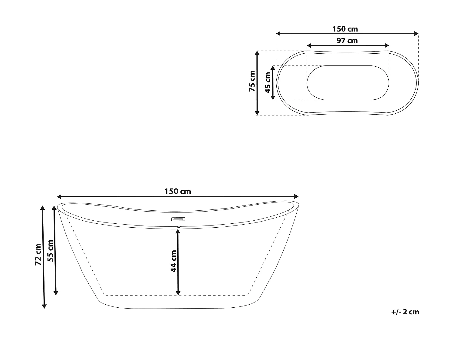 Edle Acryl Badewanne oval freistehend schwarz mit Überlauf 150 x 75 cm Antiqua