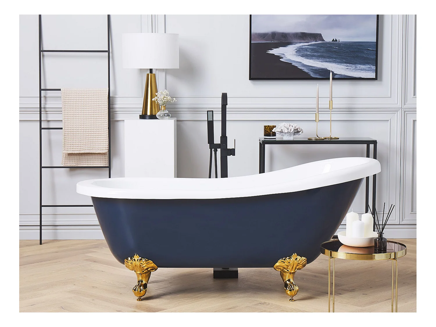 Retro Badewanne blau/weiß oval freistehend 153 x 77 cm Löwenfüße in Gold Cayman