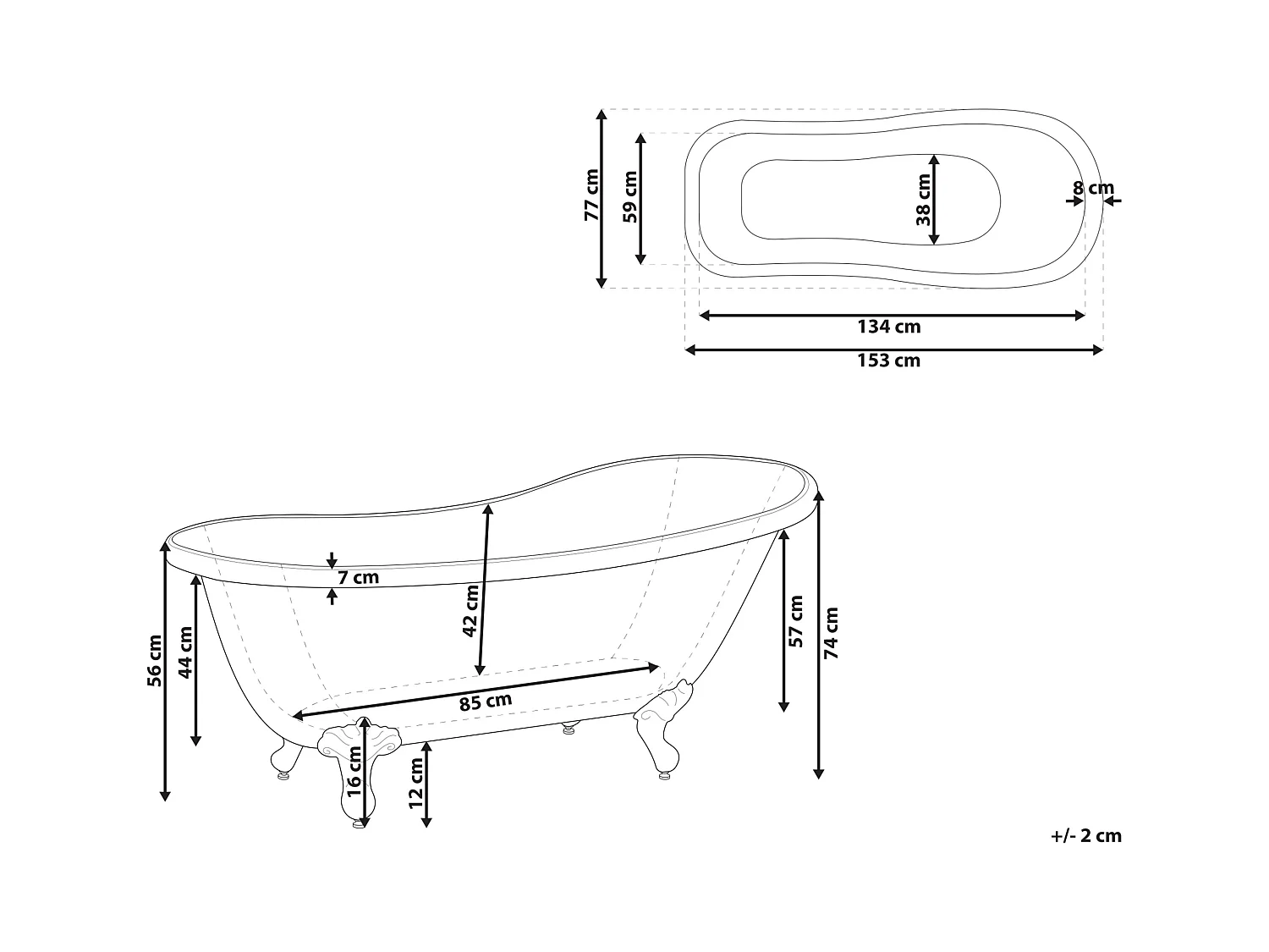 Retro Badewanne blau/weiß oval freistehend 153 x 77 cm Löwenfüße in Gold Cayman